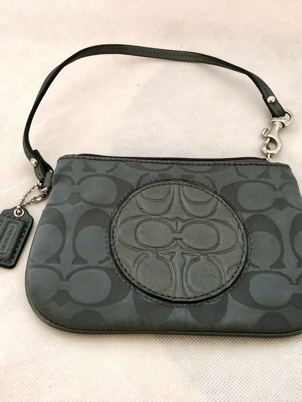 Coach Charcoal Gray Signature Fabric Embossed Leather Medallion Wristlet EUC